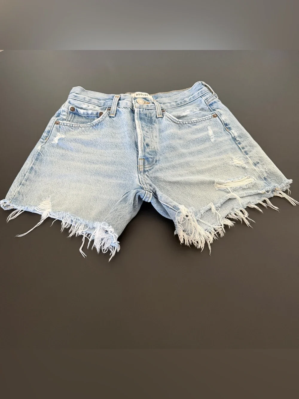 AGOLDE Parker Long Light Wash Distressed High-Rise Denim Shorts